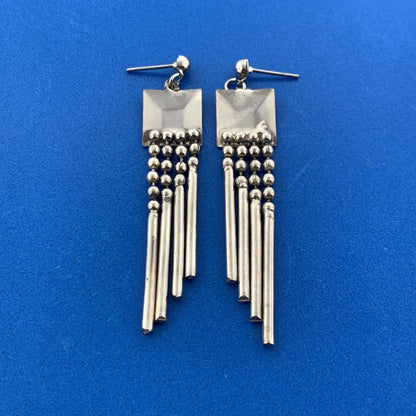 Stunning Silver Toned Metal Square Swinging Rods Stud Dangle Earrings