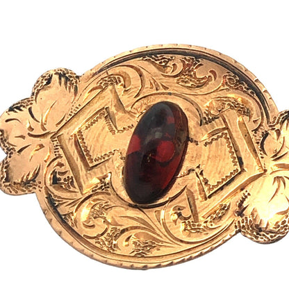 Victorian Art Deco 14K Yellow Gold Garnet Cabochon Engraved Brooch Pendant Pin