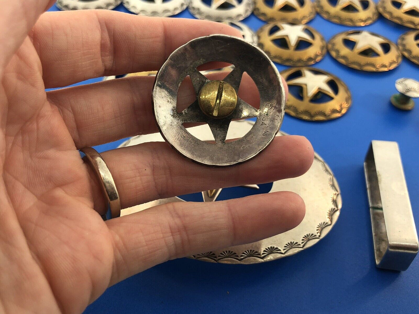 Southwestern Sterling Silver Brass Star Texas Star 23 Piece Rodeo Buckle Set