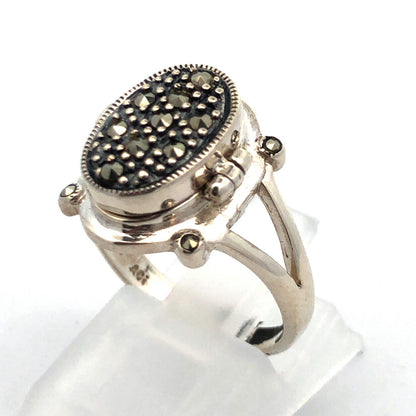 Vintage Designer 925 Sterling Silver Marcasite Oval Pill Box Ring