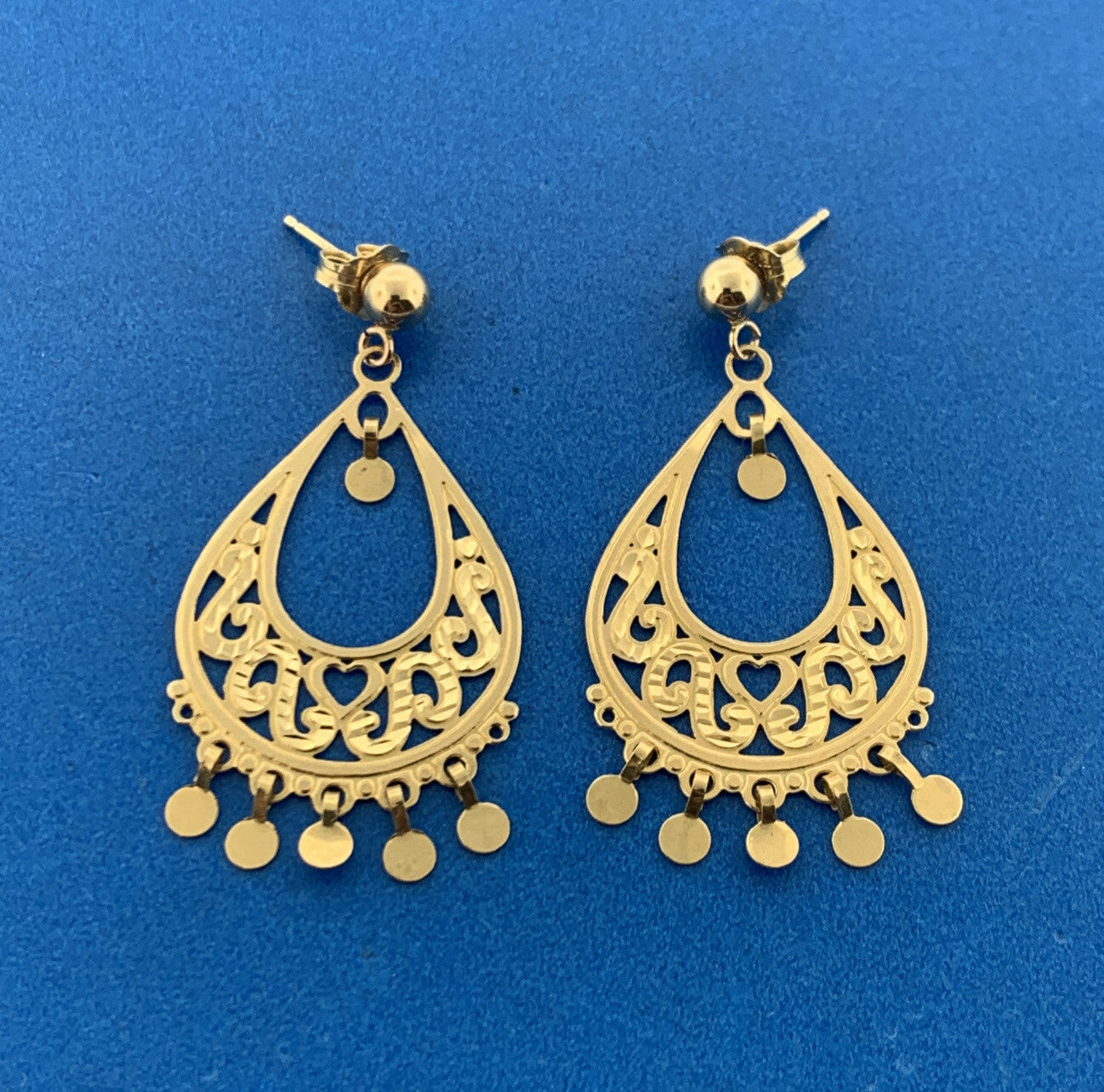 Michael Anthony MA 14K Yellow Gold Open Work Heart Scroll Dangle Drop Earrings