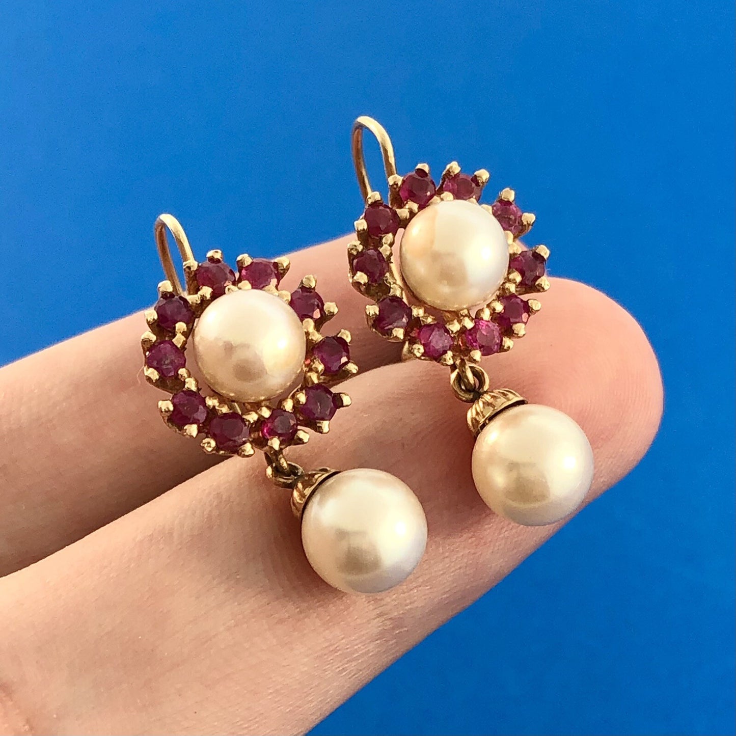 Vintage 14k Yellow Gold Round Cut Red Ruby White Pearl French Hook Earrings
