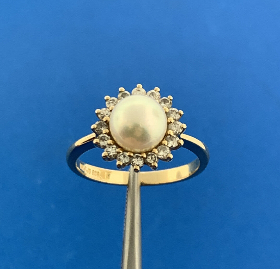 Designer 14K Yellow Gold Pearl Solitaire Diamond Halo June Anniversary Ring