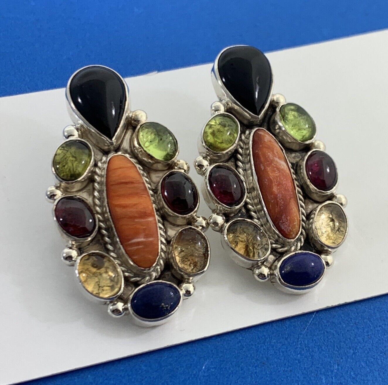 Gilo & Grace Nakai Navajo 925 Sterling Silver Multi Gemstone Statement Earrings