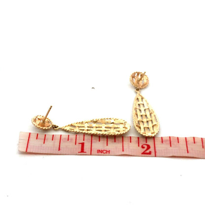 14K Yellow Gold Tear Drop Textured Basket Weave Dangle Stud Earrings