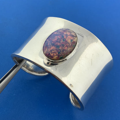 Vintage 925 Sterling Silver Opal Doublet Statement Cuff Bracelet