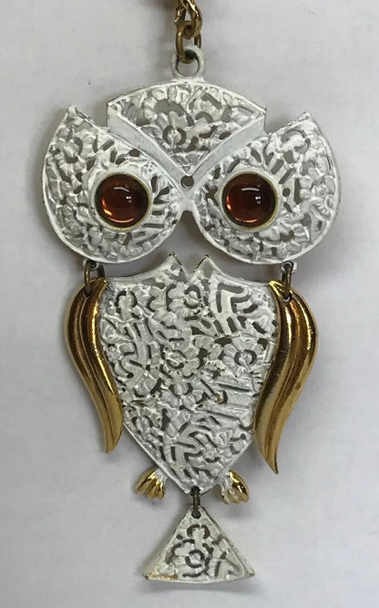 Park Lane Amber Eyes White Enamel Filigree 3D Owl Gold Tone Statement Necklace