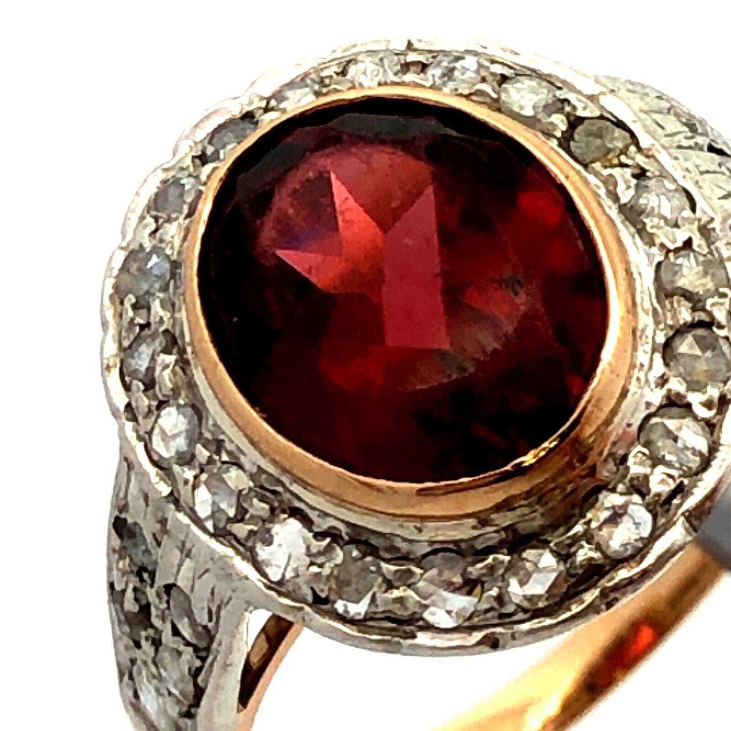 Vintage 18K Yellow Gold Oval Red Garnet Bezel Diamond Halo Cocktail Ring