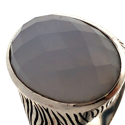 925 Sterling Silver Estate Faceted Oval Blue Moonstone Bark Textured Dome Ring
