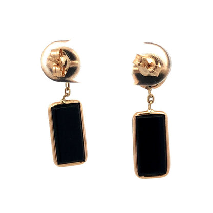 14K Yellow Gold Designer Round Rectangle Black Onyx Dangle Stud Earrings