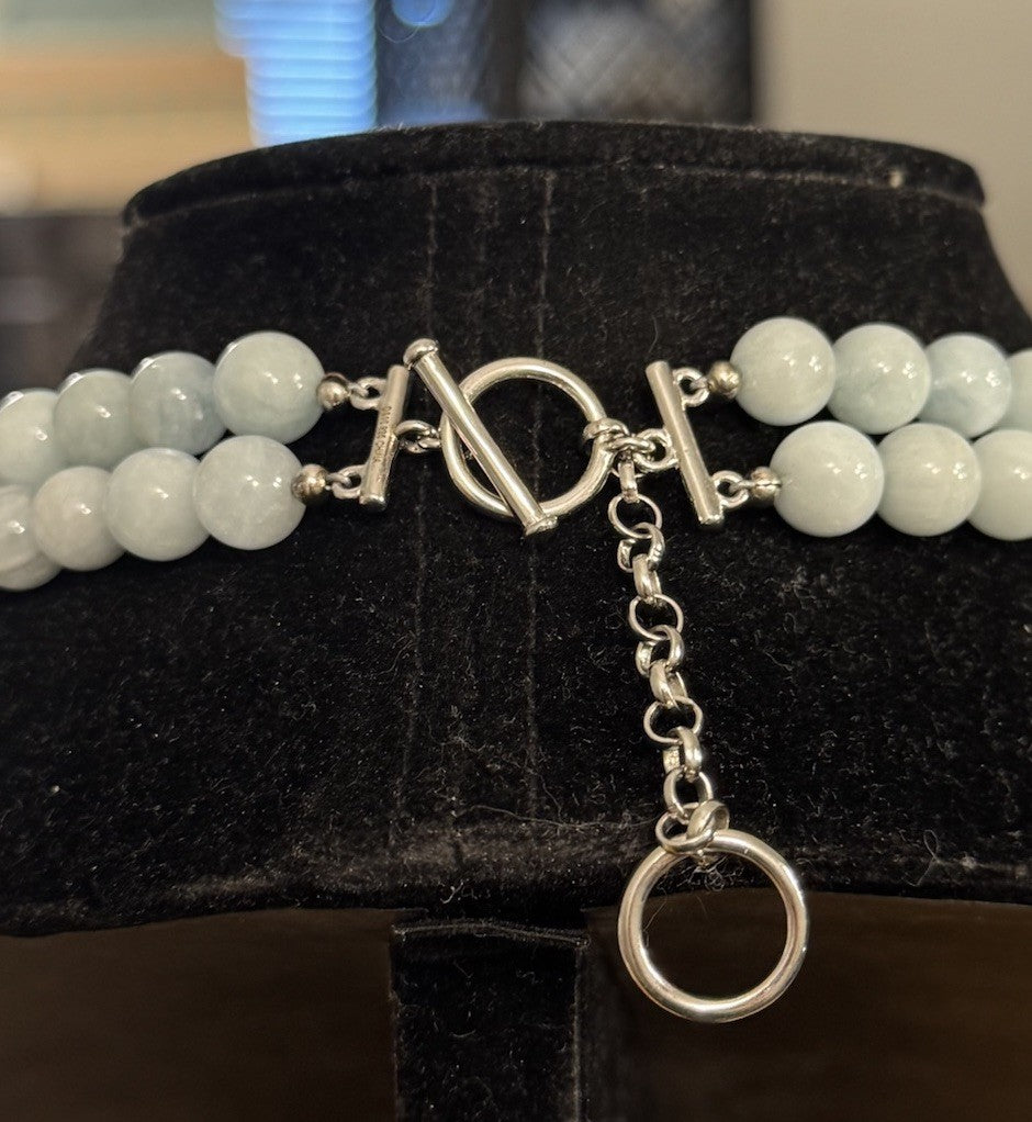 Estate 925 Sterling Silver Blue Lace Agate Double Row Beaded Statement Necklace