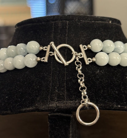 Estate 925 Sterling Silver Blue Lace Agate Double Row Beaded Statement Necklace