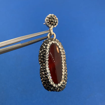 Art Deco 925 Sterling Silver Carnelian Crystal Marcasite Drop Dangle Earrings