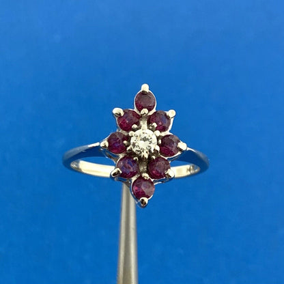 Vintage 14K White Gold Ruby Diamond Round Floral Cluster July Anniversary Ring