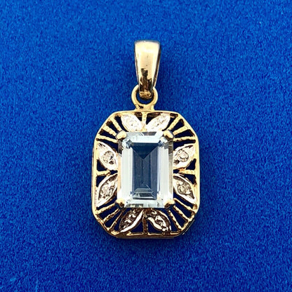 Stunning 10K Yellow White Gold Blue Topaz Diamond Filigree Charm Pendant