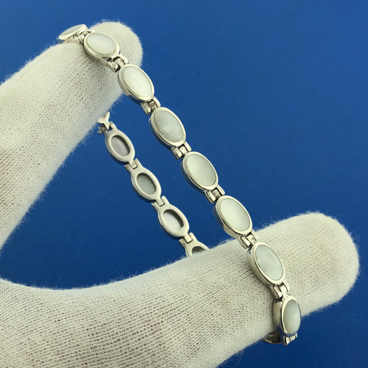 Designer 925 Sterling Silver Mother Of Pearl Cabochon Oval Panel Tennis Bracelet