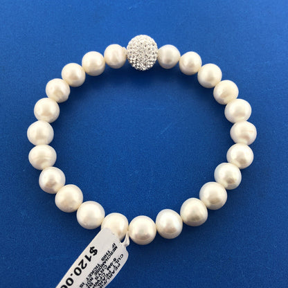 Stunning Sparkling Crystal Ball White Pearl Flexible 6.5" Bracelet New with Tags