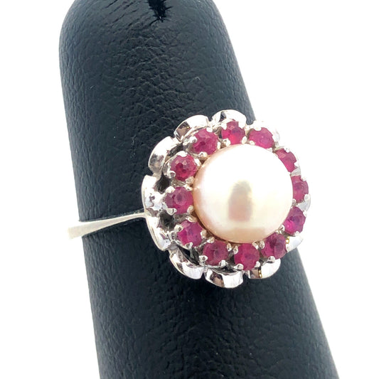 Gorgeous 14k White Gold Floral Round Cut Ruby Halo Pearl Ring SIze 4.25