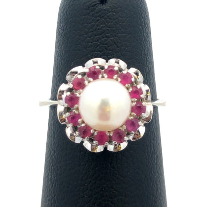 Gorgeous 14k White Gold Floral Round Cut Ruby Halo Pearl Ring SIze 4.25
