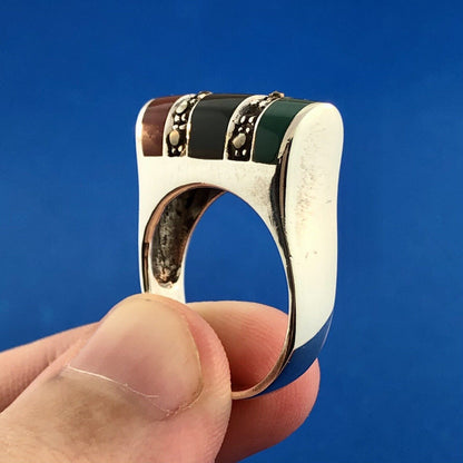 Retro Designer ND 925 Sterling Silver Green Black Onyx Carnelian Marcasite Ring