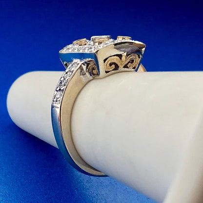 14K White Gold QJM Filigree Yellow White Diamonds Art Deco Style Statement Ring