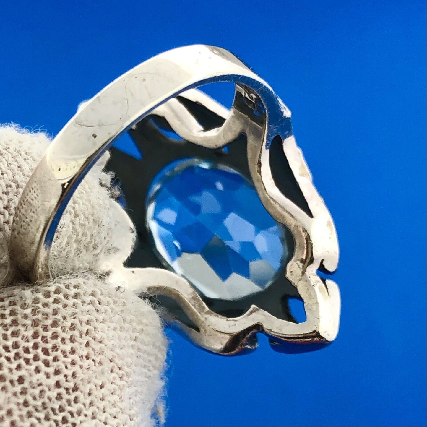 Estate 925 Sterling Silver Oval Blue Topaz Marcasite December Anniversary Ring