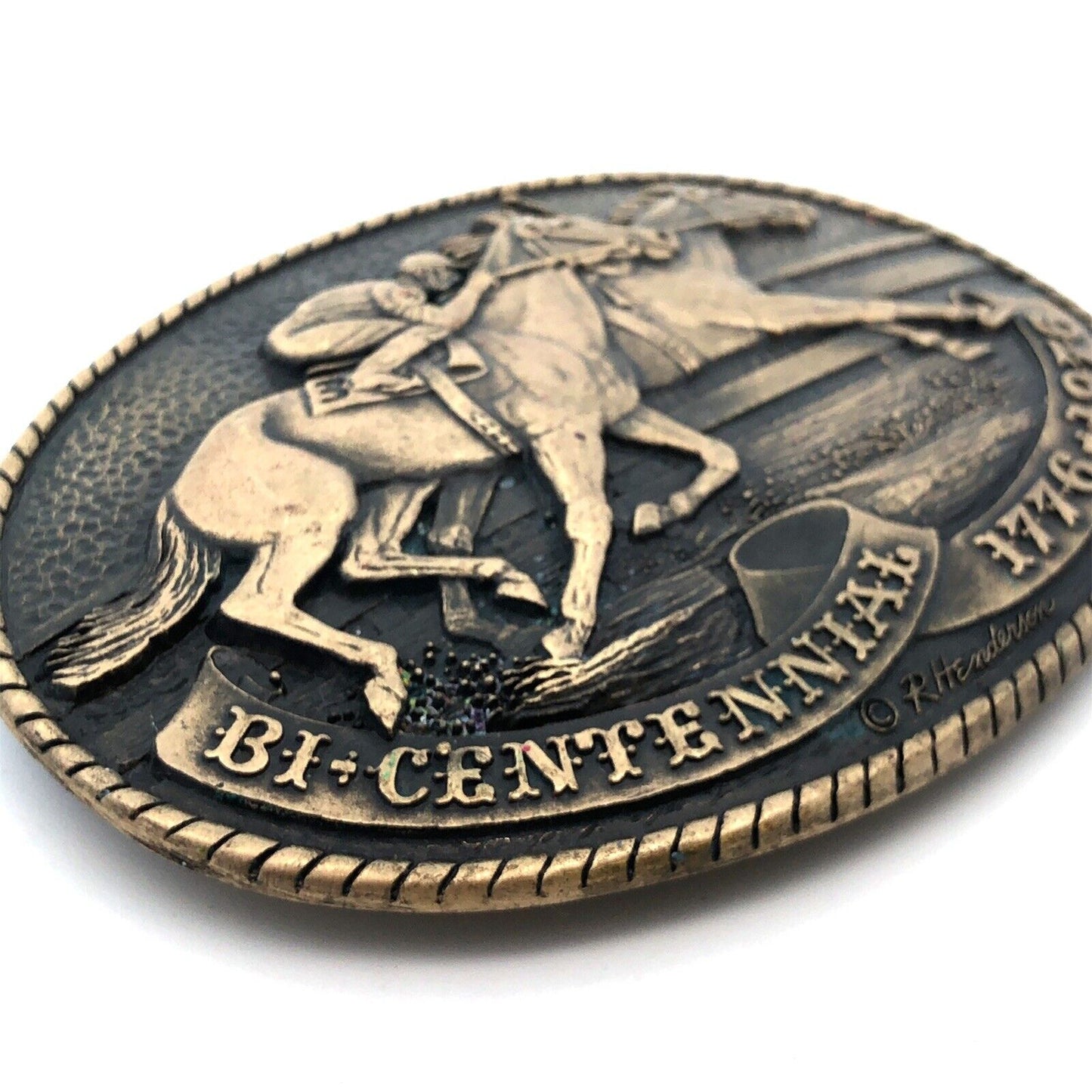 1976 Tony Lama Bicentennial Quarter Horse Racing Oval Brass Belt Buckle