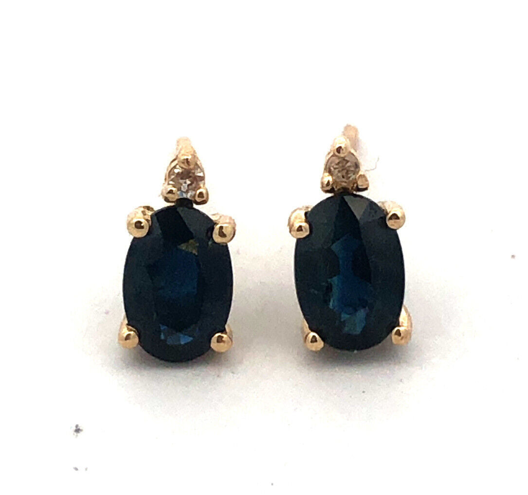 Designer ARJC 14K Yellow Gold Oval Blue Sapphire Diamond Stud Earrings