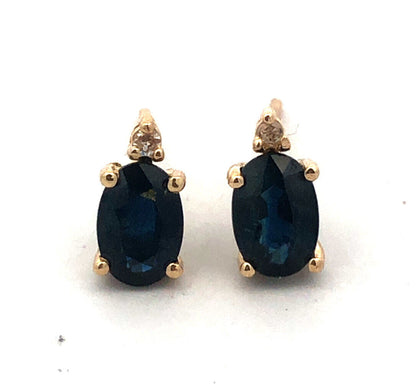 Designer ARJC 14K Yellow Gold Oval Blue Sapphire Diamond Stud Earrings
