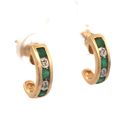 Elegant 14K Yellow Gold Emerald Diamond Channel Set Anniversary Huggie Earrings