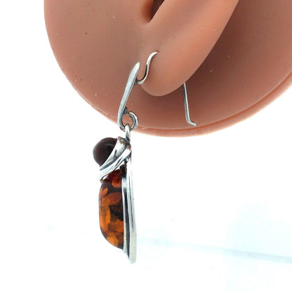 Estate Vintage 925 Sterling Silver Amber Cabochon Modernist Dangle Drop Earrings