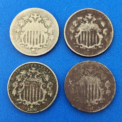 1870 P Shield Nickel Variety 2 Four Coin Mixed Date Better Philadelphia Lot