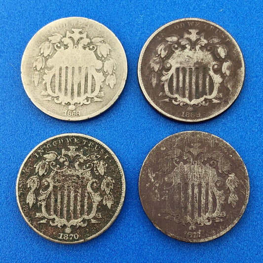 1870 P Shield Nickel Variety 2 Four Coin Mixed Date Better Philadelphia Lot