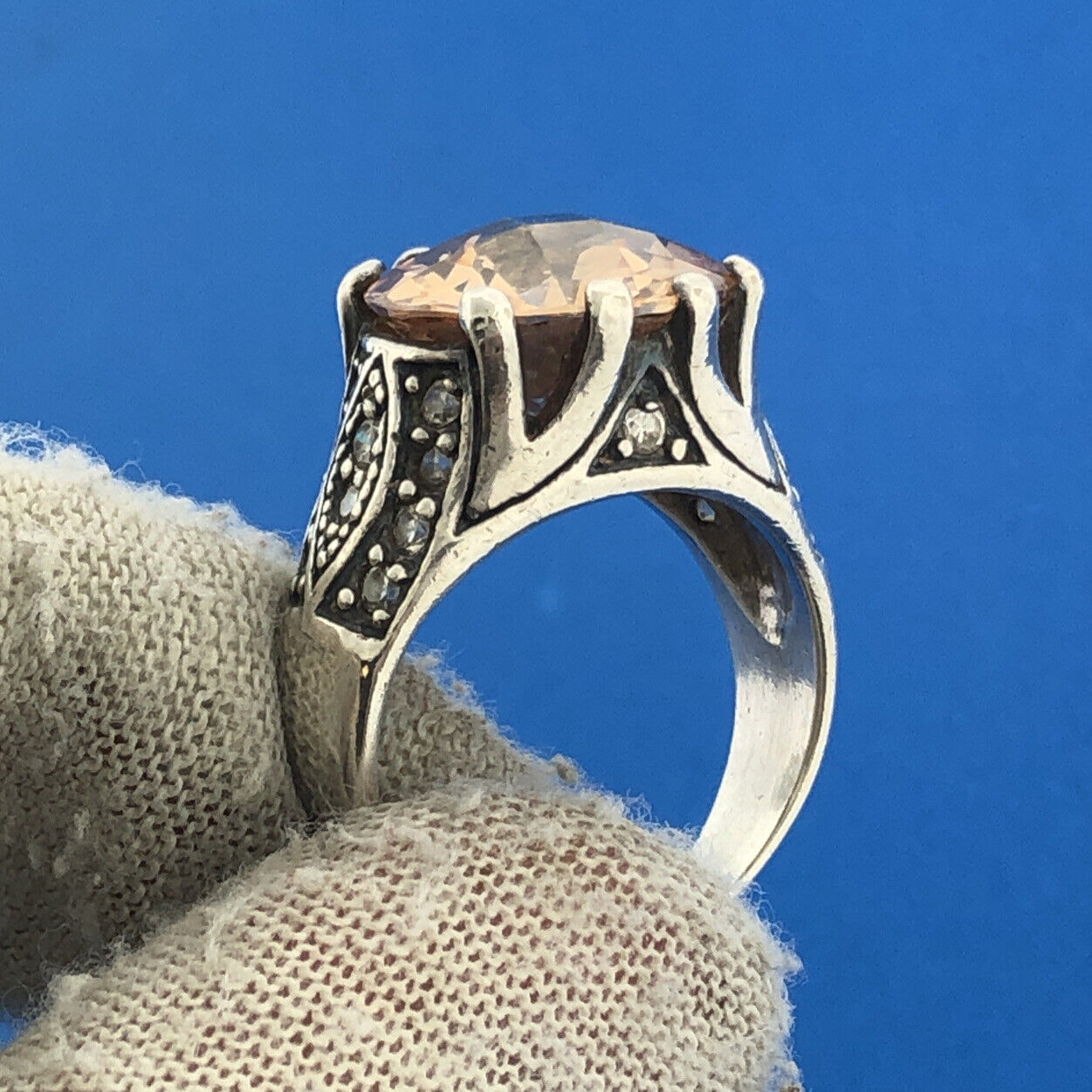 Vintage 925 Sterling Silver Cushion Cut Citrine CZ Statement Cocktail Ring