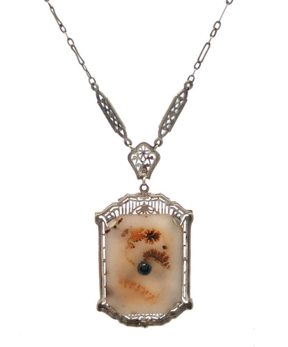 Antique 10K White Gold White Sapphire Aqate Filigree Statement Pendant Necklace