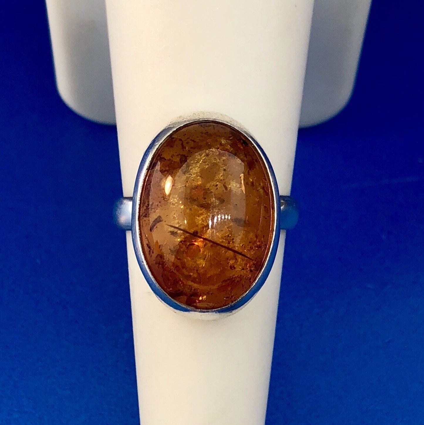Designer Hallmarked 925 Sterling Silver Baltic Amber Oval Cabochon Fashion Ring