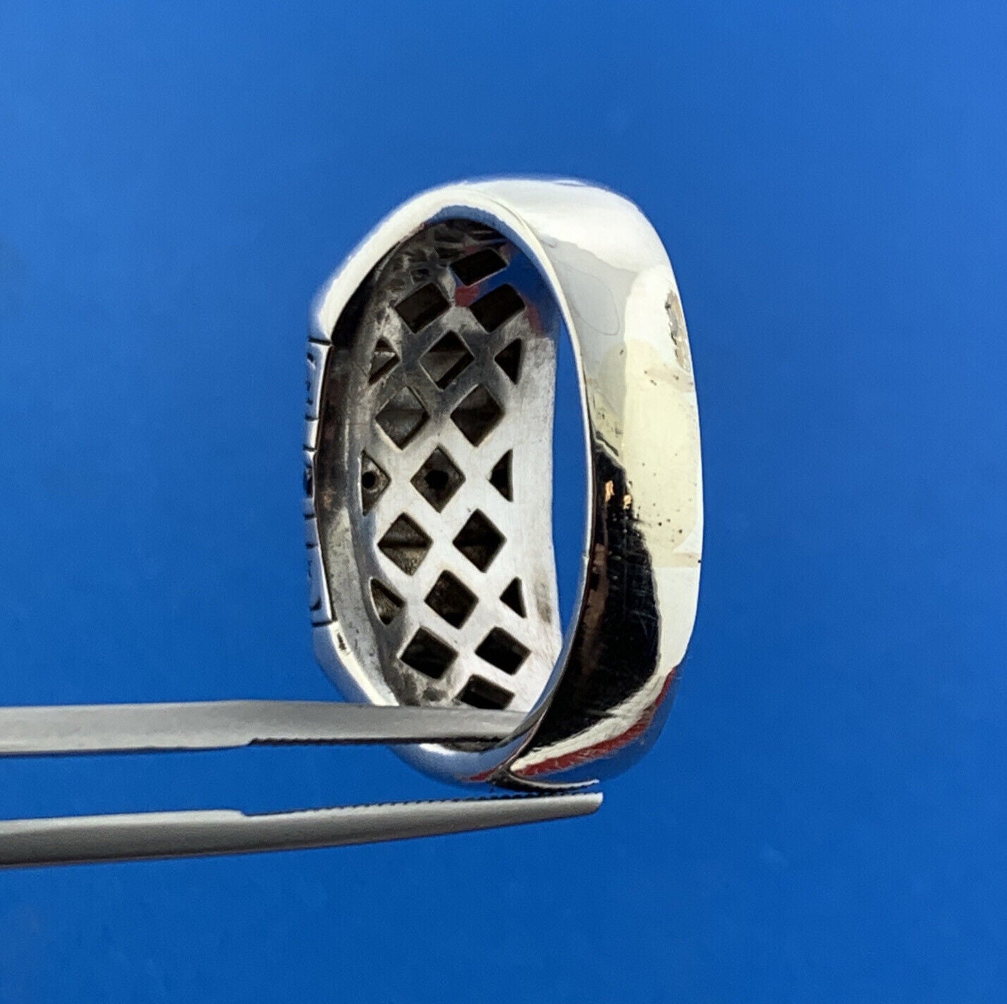 925 Sterling Silver Black Diamond Basket Weave Rectangle Mens Dome Ring