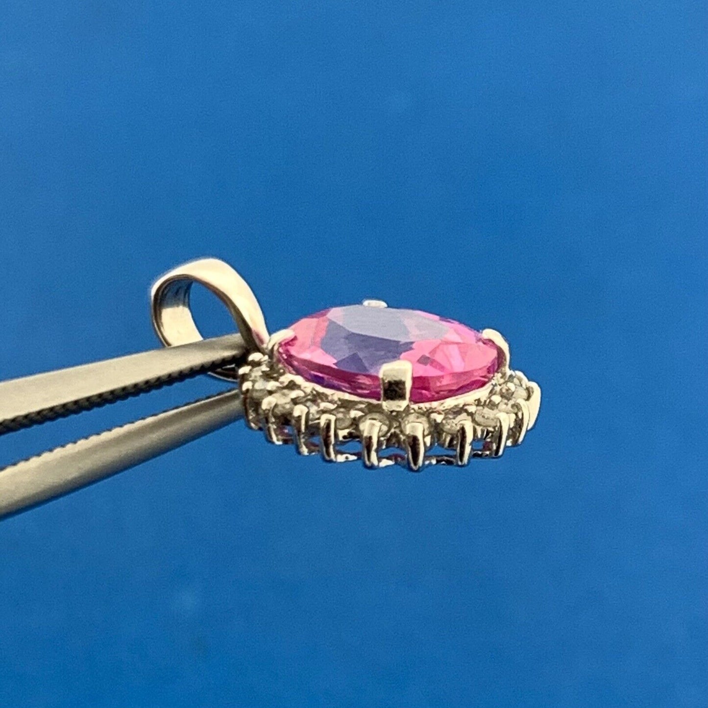 Designer 14K White Gold Oval Pink Sapphire Diamond Halo Custom Dangle Pendant