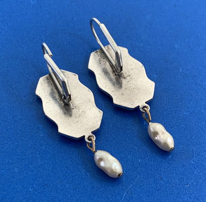 Vintage Pearl Dangle 925 Sterling Silver Floral Panel Hook Lever-back Earrings