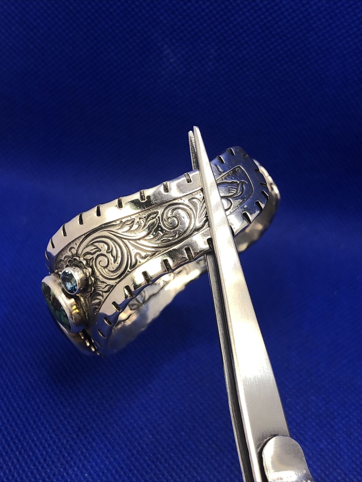 Sterling Silver Multi Stone Life is Good Scroll Design Wavy Open Cuff Bracelet