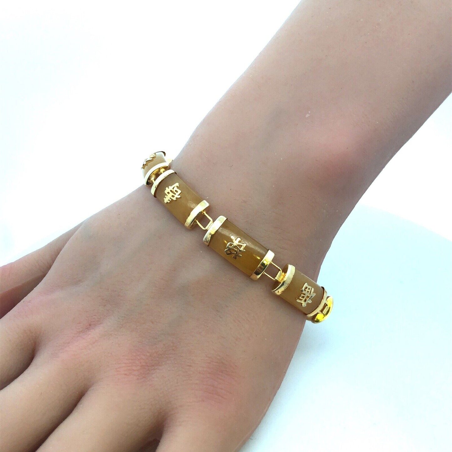925 Sterling Silver Estate Vermeil Yellow Jade Chinese Luck Longevity Bracelet