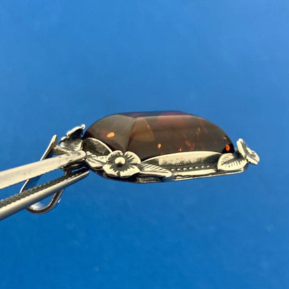 Vintage Designer 925 Sterling Silver Amber Floral Design Rectangle Pendant