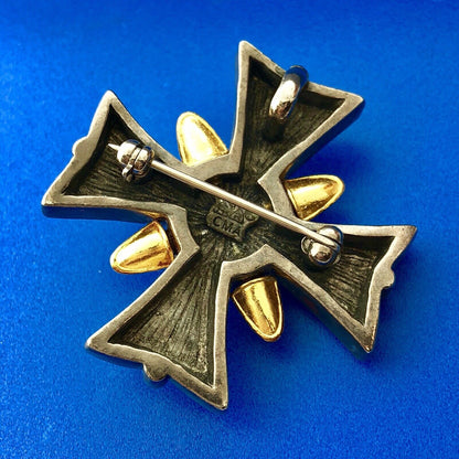 HMR CMA Gold Silver Tone Black Hematite Floral Scroll Maltese Cross Pin Pendant