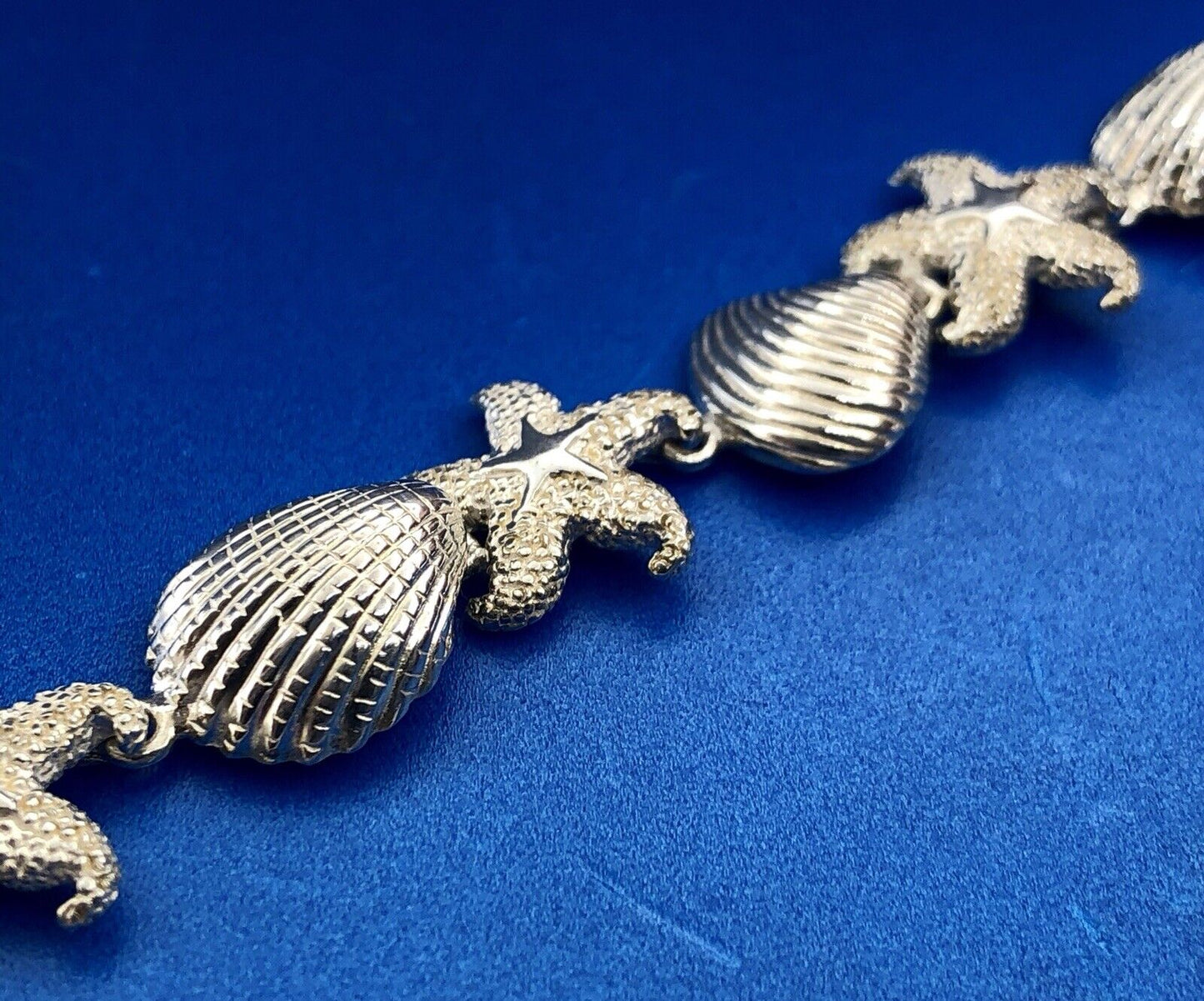 Designer Sterling Silver 925 Sea Shell Star Fish Ocean Panel Link Bracelet