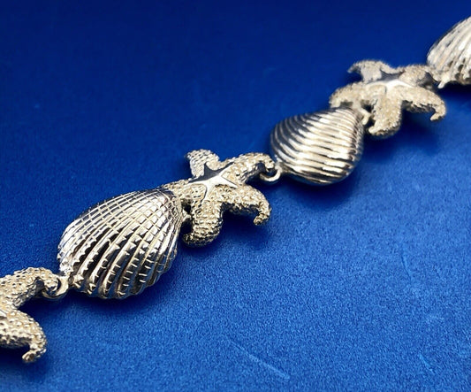 Designer Sterling Silver 925 Sea Shell Star Fish Ocean Panel Link Bracelet