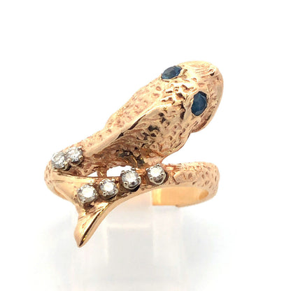Vintage 14K Yellow Gold Diamond Pearl Blue Sapphire Fish Bypass Ring