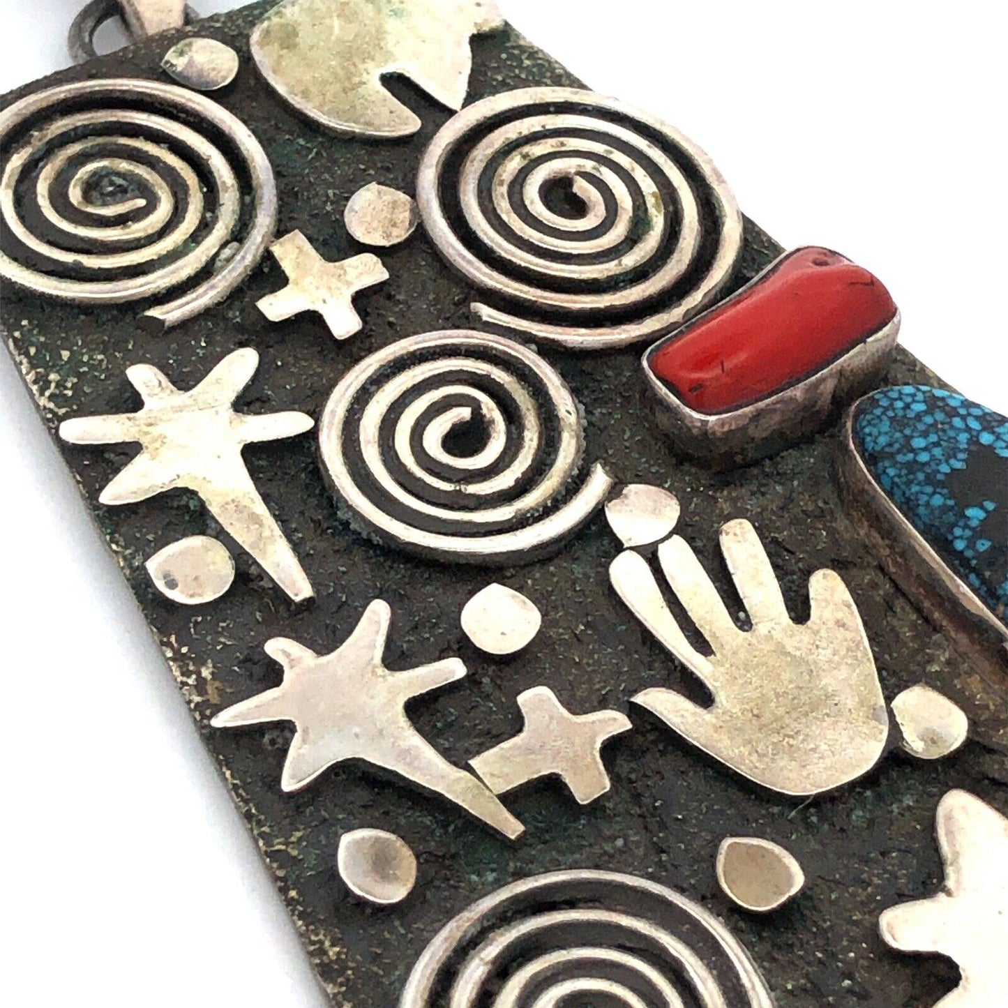 Alex Sanchez Navajo Sterling Silver Turquoise Coral Petroglyph Enhancer Pendant
