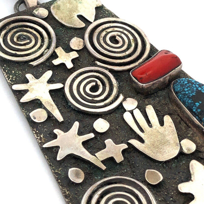 Alex Sanchez Navajo Sterling Silver Turquoise Coral Petroglyph Enhancer Pendant