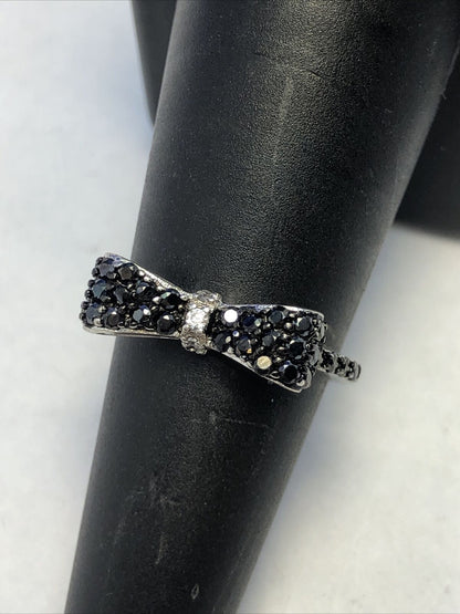 Estate 925 Sterling Silver Faceted Black Onyx Cubic Zirconia 3D Bow Ring