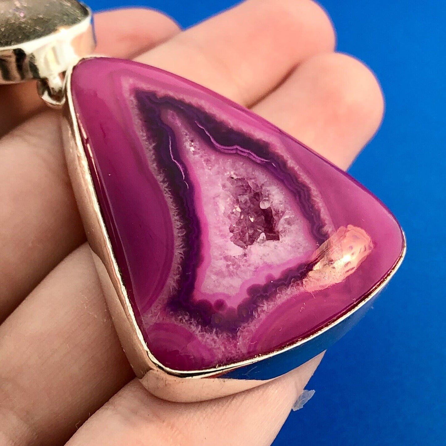 Sterling Silver 925 Pink Fushia Deep Purple Druzy Quartz Geode Statement Pendant